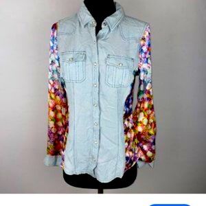 Nanette Lapore L'AMOUR Mixed Print Lightweight Denim Shirt w Pearl Snaps S/M